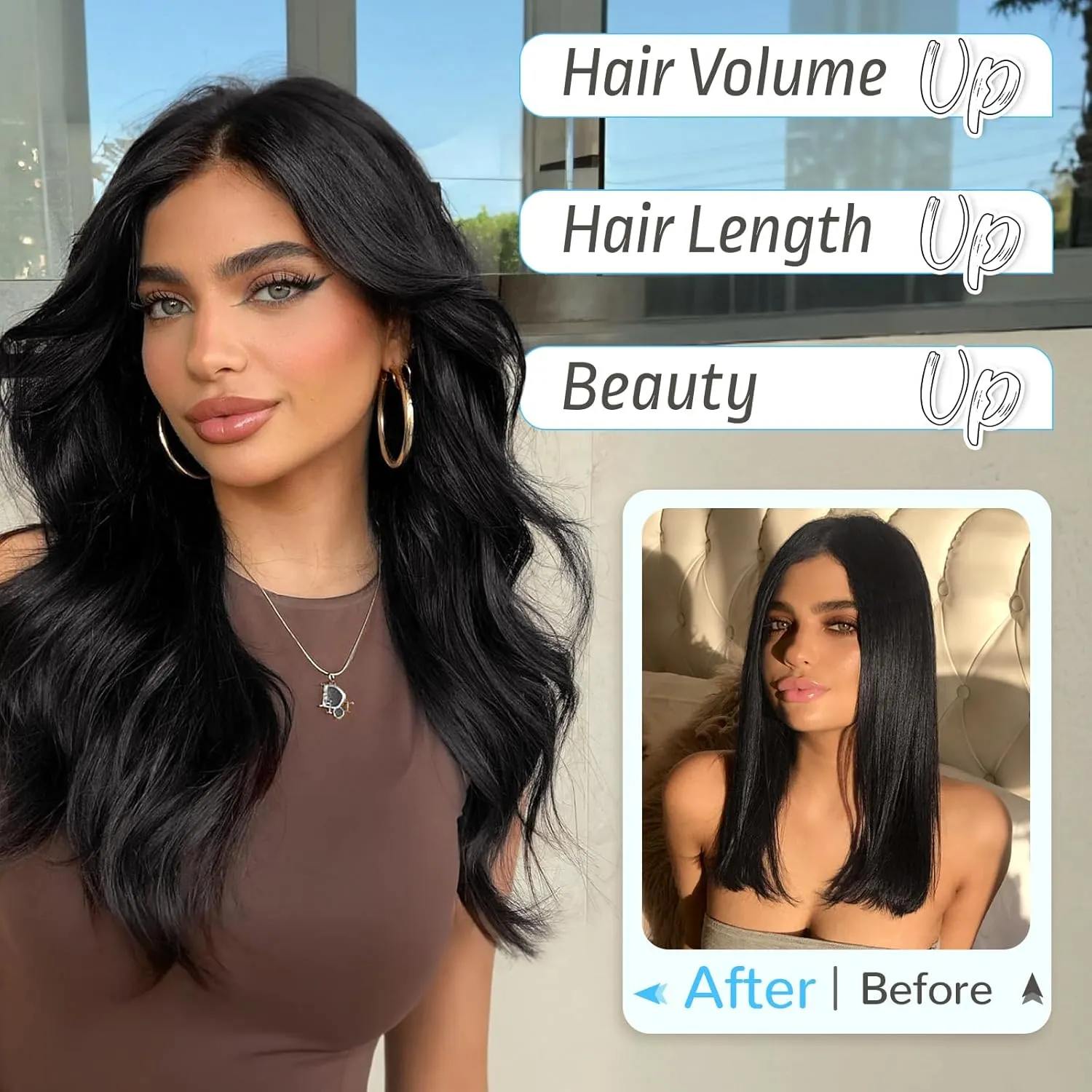 KooKaStyle Invisible Wire Hair Extensions Long Wavy Layered Synthetic Hair Extensions with Transparent Wire Adjustable Size 6 Secure Clips Black Hairpieces for Women 16 Inch