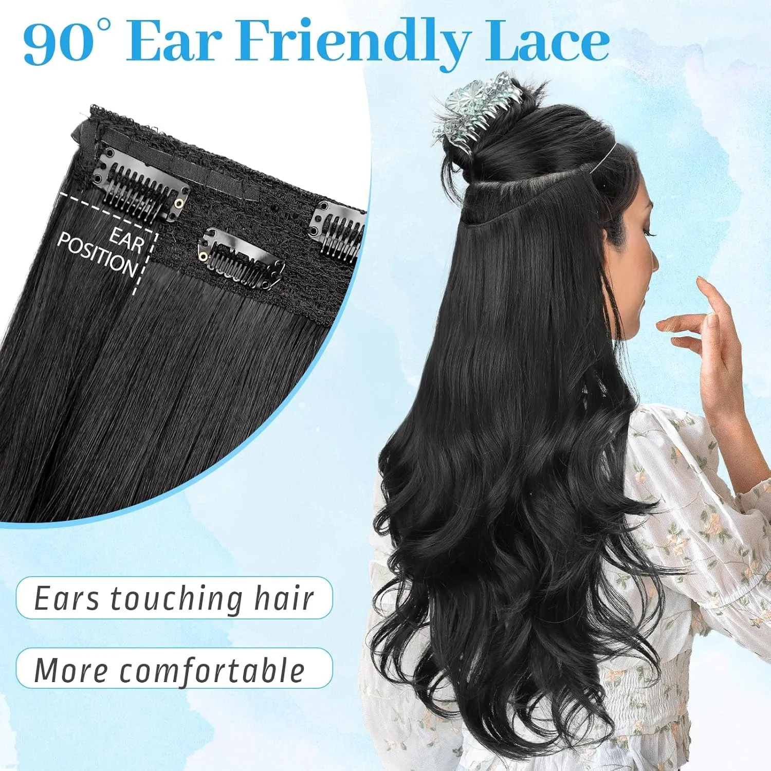 KooKaStyle Invisible Wire Hair Extensions Long Wavy Layered Synthetic Hair Extensions with Transparent Wire Adjustable Size 6 Secure Clips Black Hairpieces for Women 16 Inch
