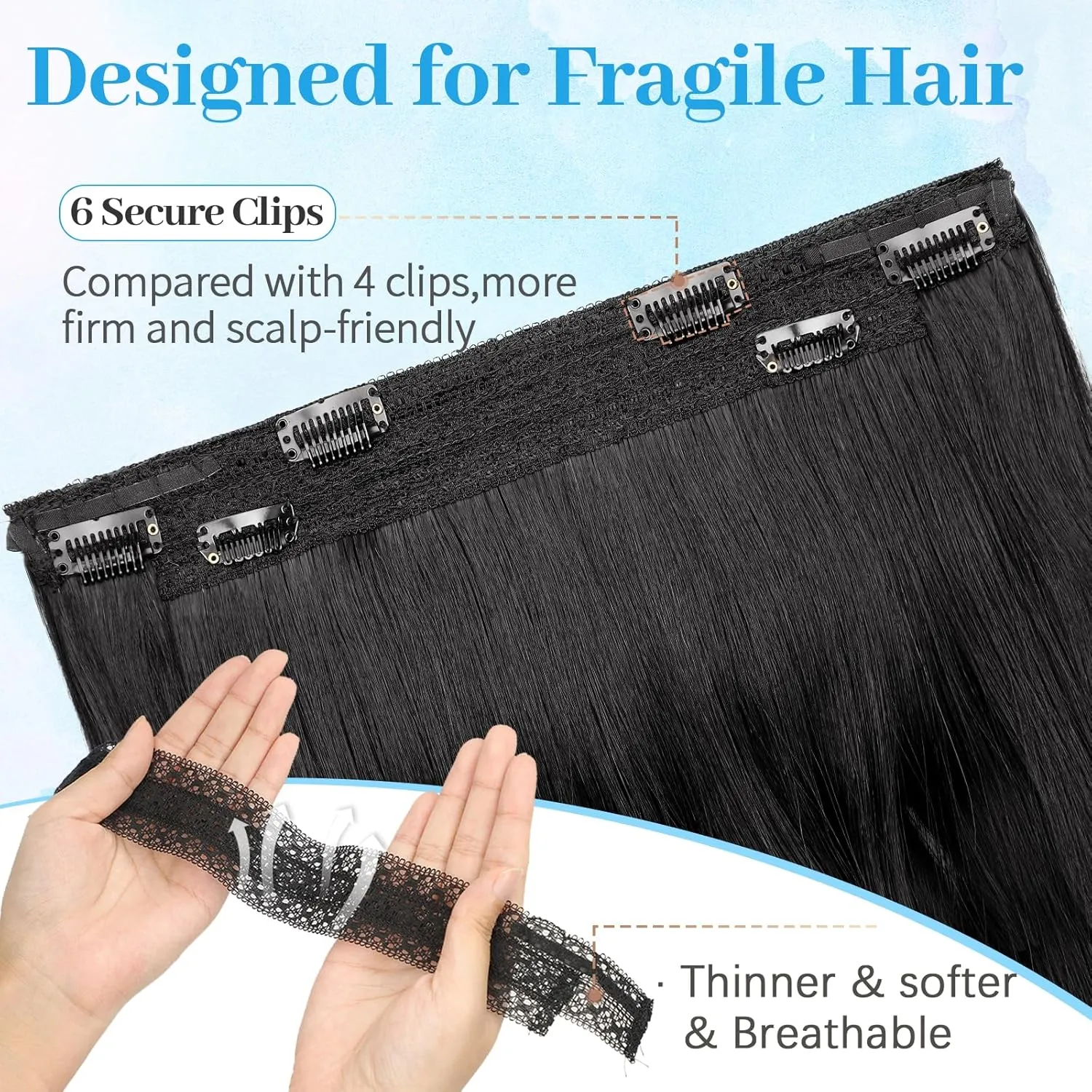 KooKaStyle Invisible Wire Hair Extensions Long Wavy Layered Synthetic Hair Extensions with Transparent Wire Adjustable Size 6 Secure Clips Black Hairpieces for Women 16 Inch