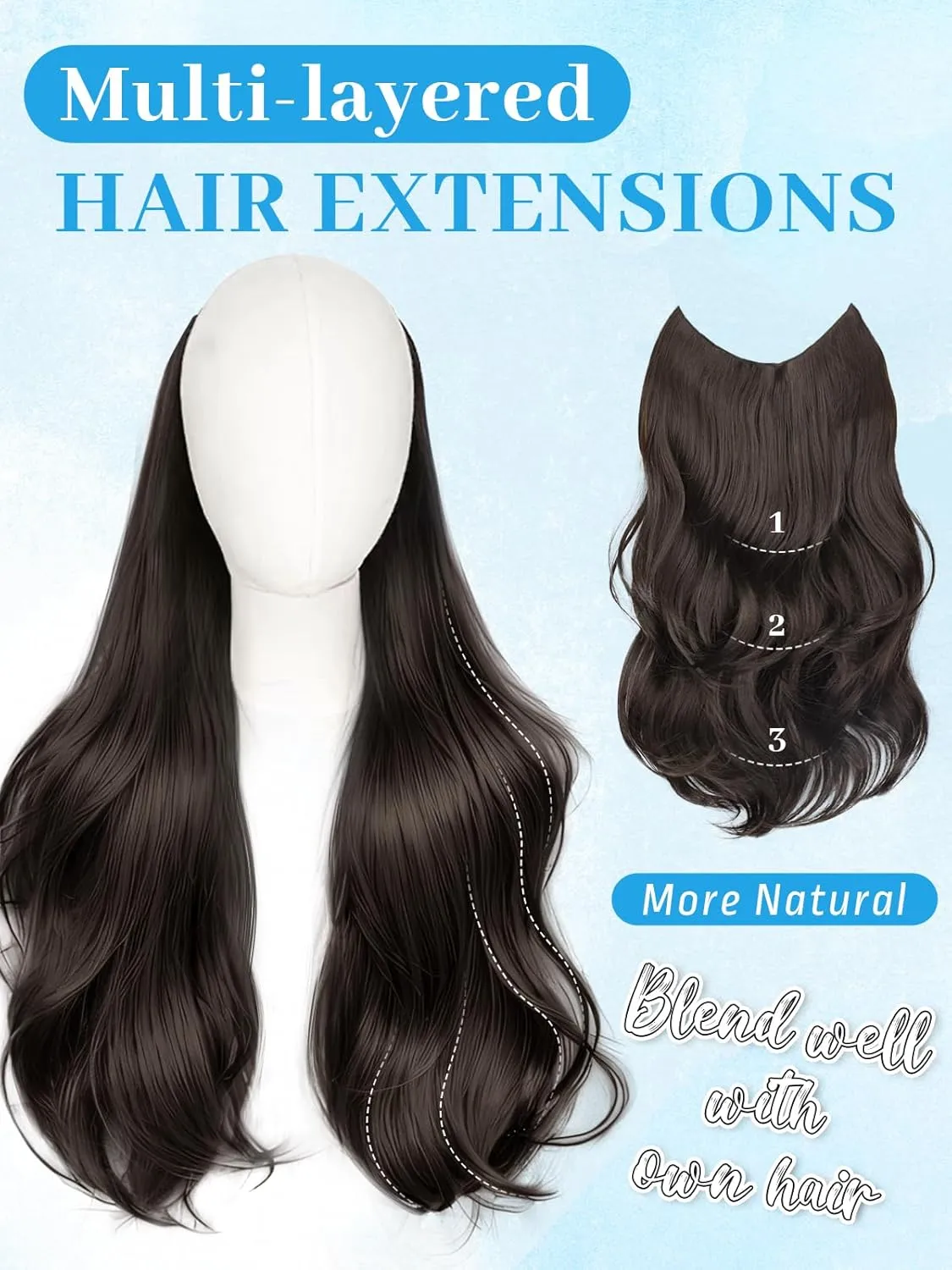 KooKaStyle Invisible Wire Hair Extensions Long Wavy Layered Synthetic Hair Extensions with Transparent Wire Adjustable Size 6 Secure Clips Dark Brown/6# Hairpieces for Women 16 Inch
