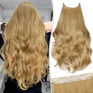 KooKaStyle Invisible Wire Hair Extensions Long Wavy Layered Synthetic Hair Extensions with Transparent Wire Adjustable Size 6 Secure Clips Honey Blonde Hairpieces for Women 20 Inch