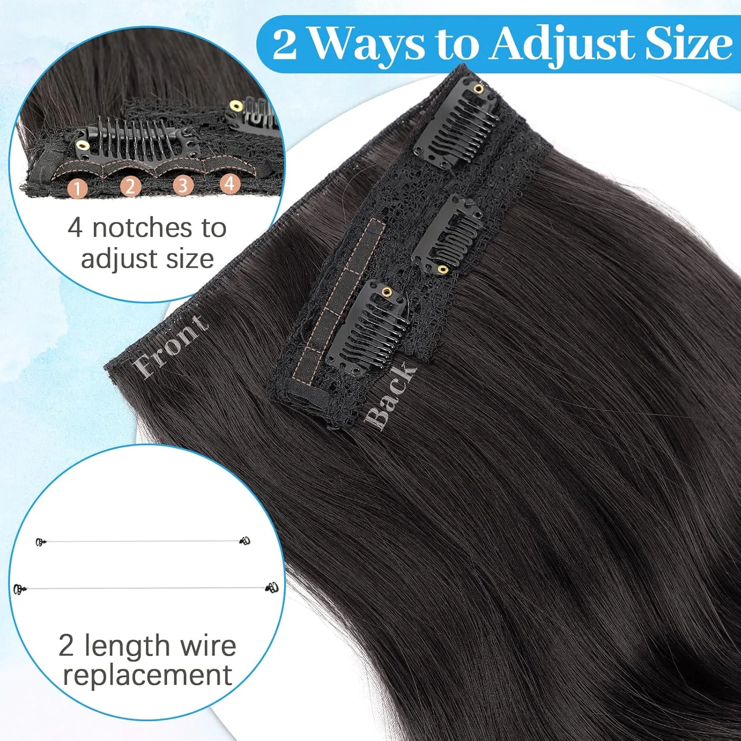 KooKaStyle Invisible Wire Hair Extensions Long Wavy Layered Synthetic Hair Extensions with Transparent Wire Adjustable Size 6 Secure Clips Natural Black Hairpieces for Women 20 Inch
