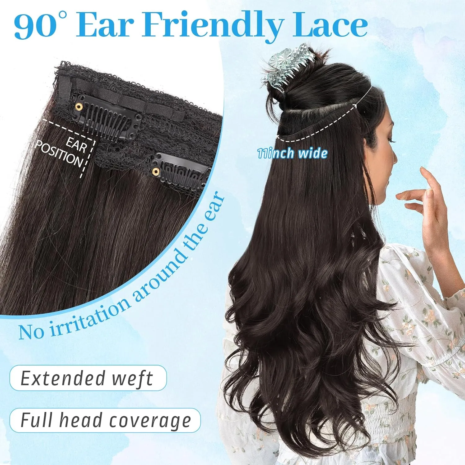 KooKaStyle Invisible Wire Hair Extensions Long Wavy Layered Synthetic Hair Extensions with Transparent Wire Adjustable Size 6 Secure Clips Natural Black Hairpieces for Women 20 Inch