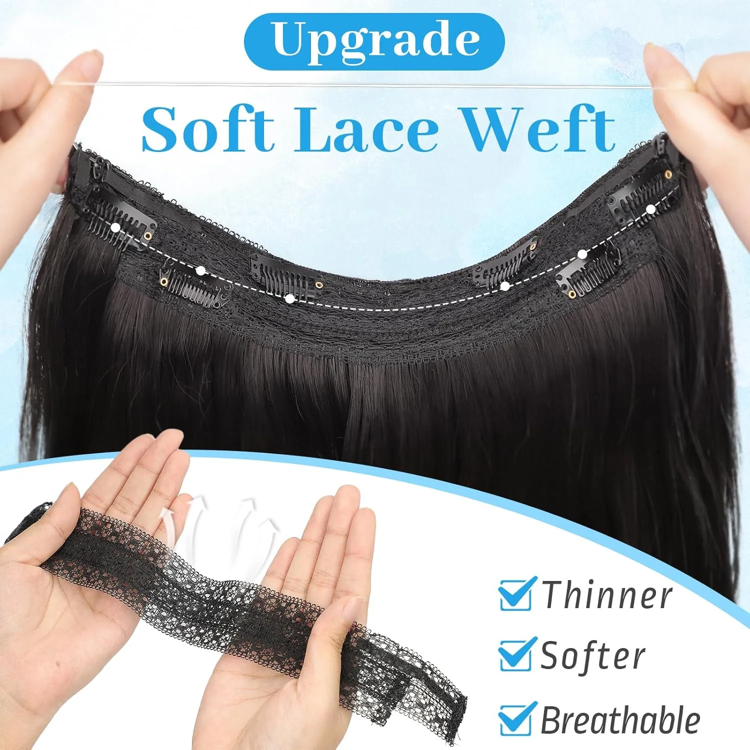 KooKaStyle Invisible Wire Hair Extensions Long Wavy Layered Synthetic Hair Extensions with Transparent Wire Adjustable Size 6 Secure Clips Natural Black Hairpieces for Women 20 Inch
