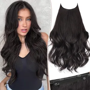 KooKaStyle Invisible Wire Hair Extensions Long Wavy Layered Synthetic Hair Extensions with Transparent Wire Adjustable Size 6 Secure Clips Natural Black Hairpieces for Women 20 Inch