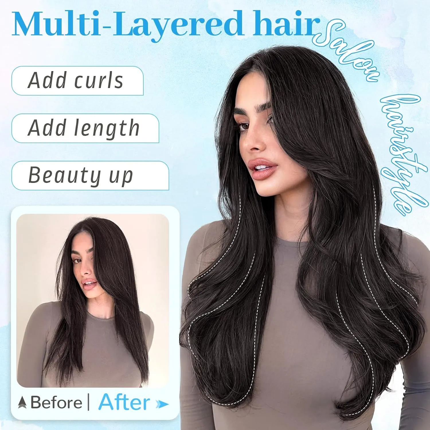 KooKaStyle Invisible Wire Hair Extensions Long Wavy Layered Synthetic Hair Extensions with Transparent Wire Adjustable Size 6 Secure Clips Natural Black Hairpieces for Women 20 Inch