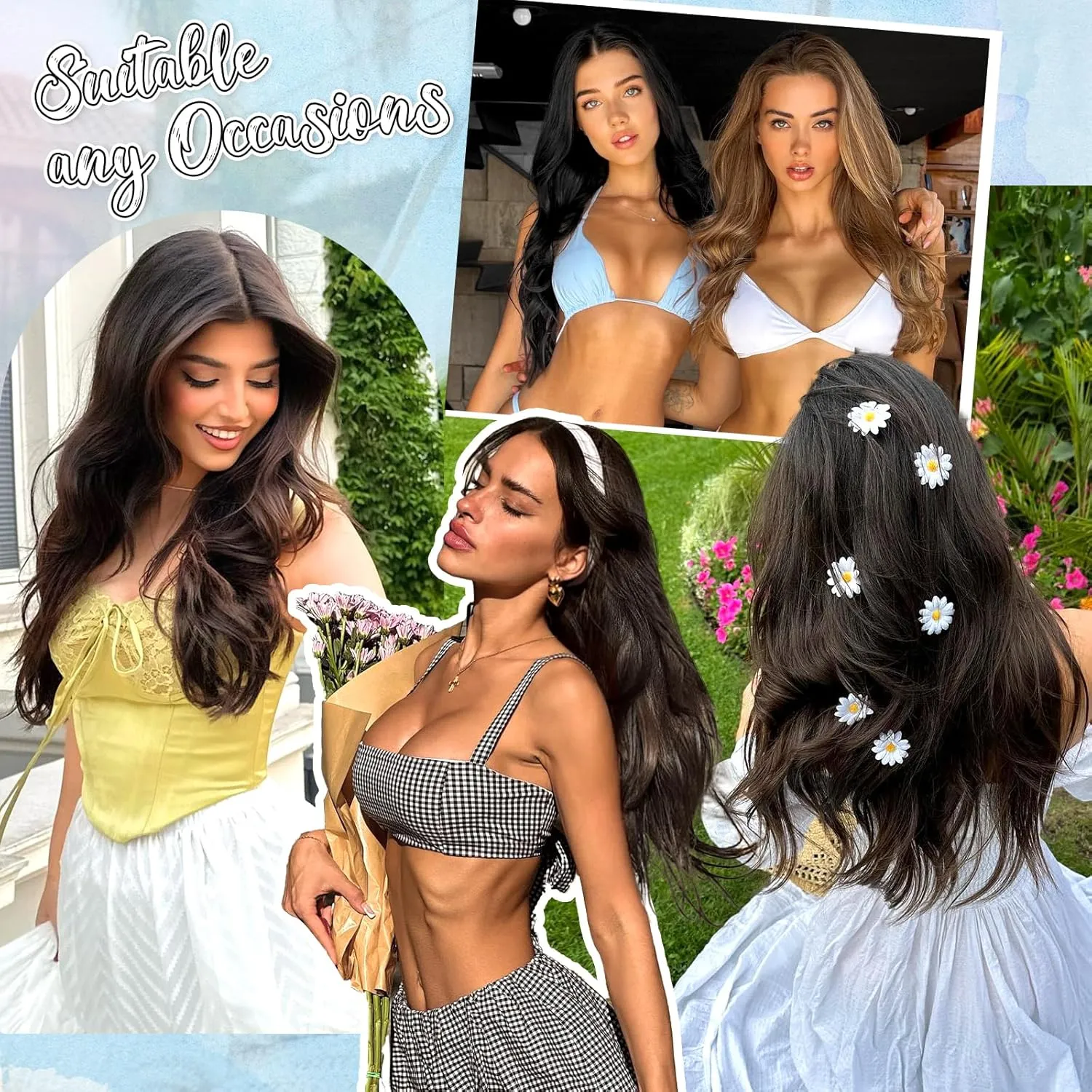 KooKaStyle Invisible Wire Hair Extensions Long Wavy Layered Synthetic Hair Extensions with Transparent Wire Adjustable Size 6 Secure Clips Natural Black Hairpieces for Women 20 Inch