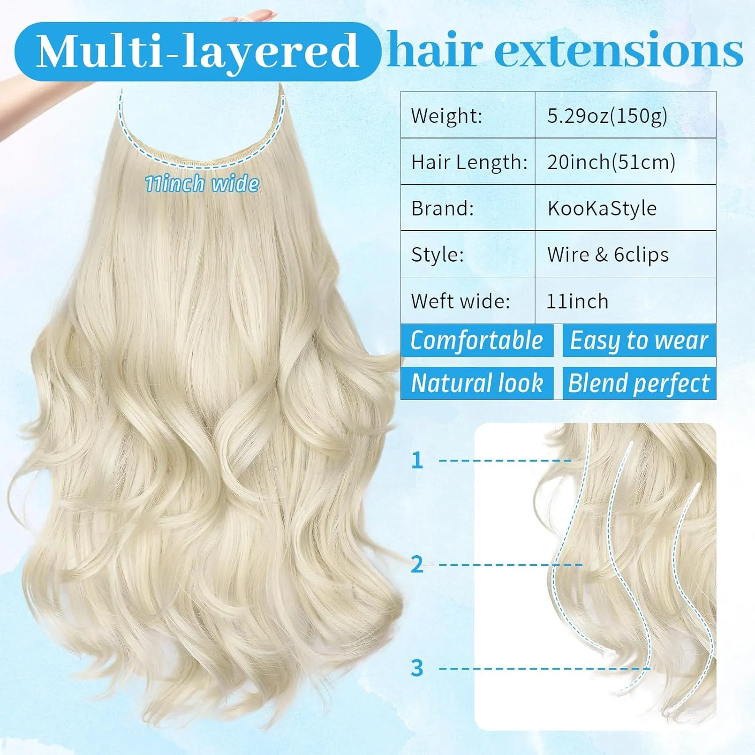 KooKaStyle Invisible Wire Hair Extensions Long Wavy Layered Synthetic Hair Extensions with Transparent Wire Adjustable Size 6 Secure Clips Platinum Blonde Hairpieces for Women 20 Inch