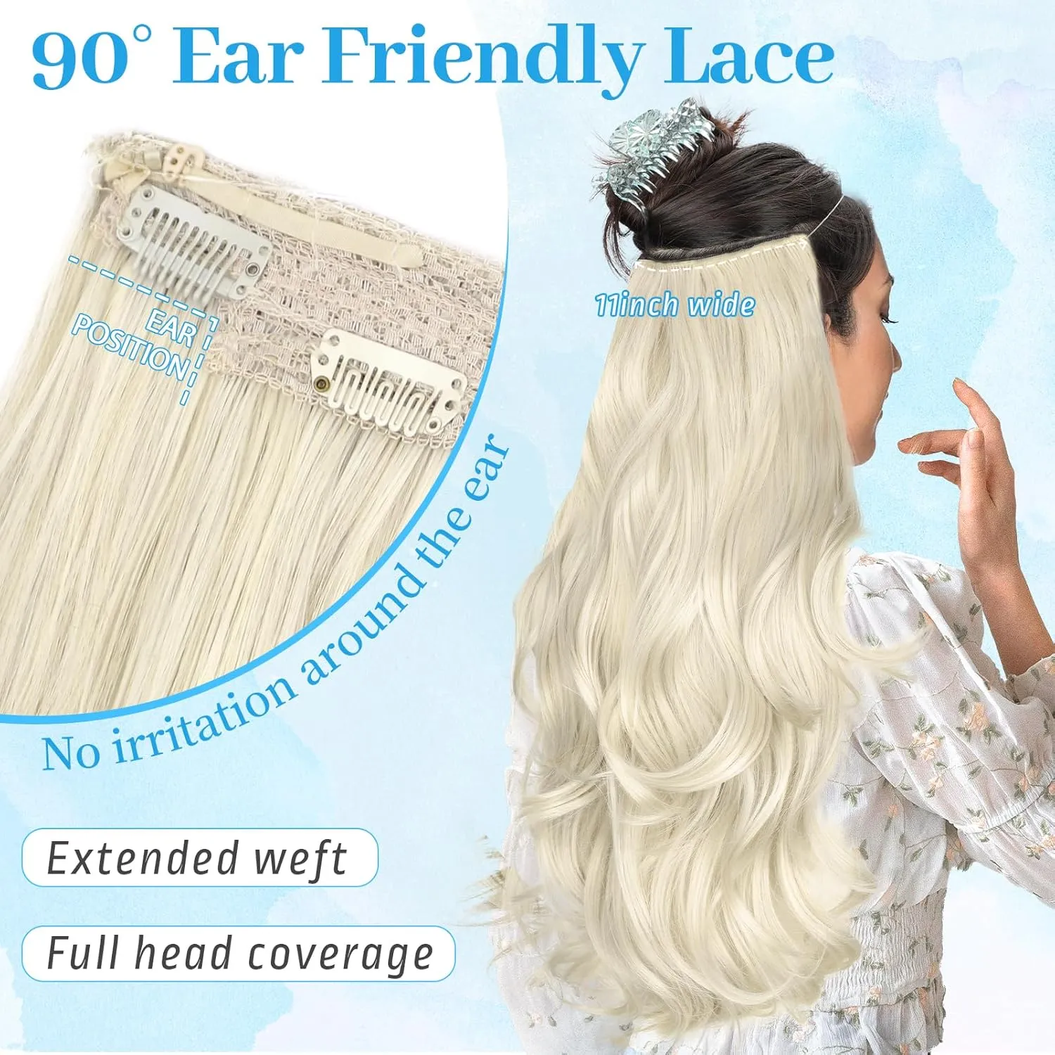 KooKaStyle Invisible Wire Hair Extensions Long Wavy Layered Synthetic Hair Extensions with Transparent Wire Adjustable Size 6 Secure Clips Platinum Blonde Hairpieces for Women 20 Inch