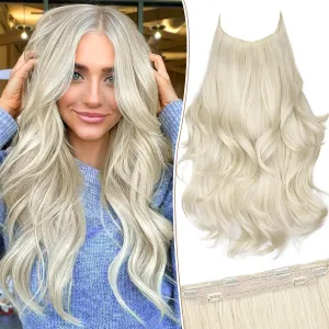 KooKaStyle Invisible Wire Hair Extensions Long Wavy Layered Synthetic Hair Extensions with Transparent Wire Adjustable Size 6 Secure Clips Platinum Blonde Hairpieces for Women 20 Inch