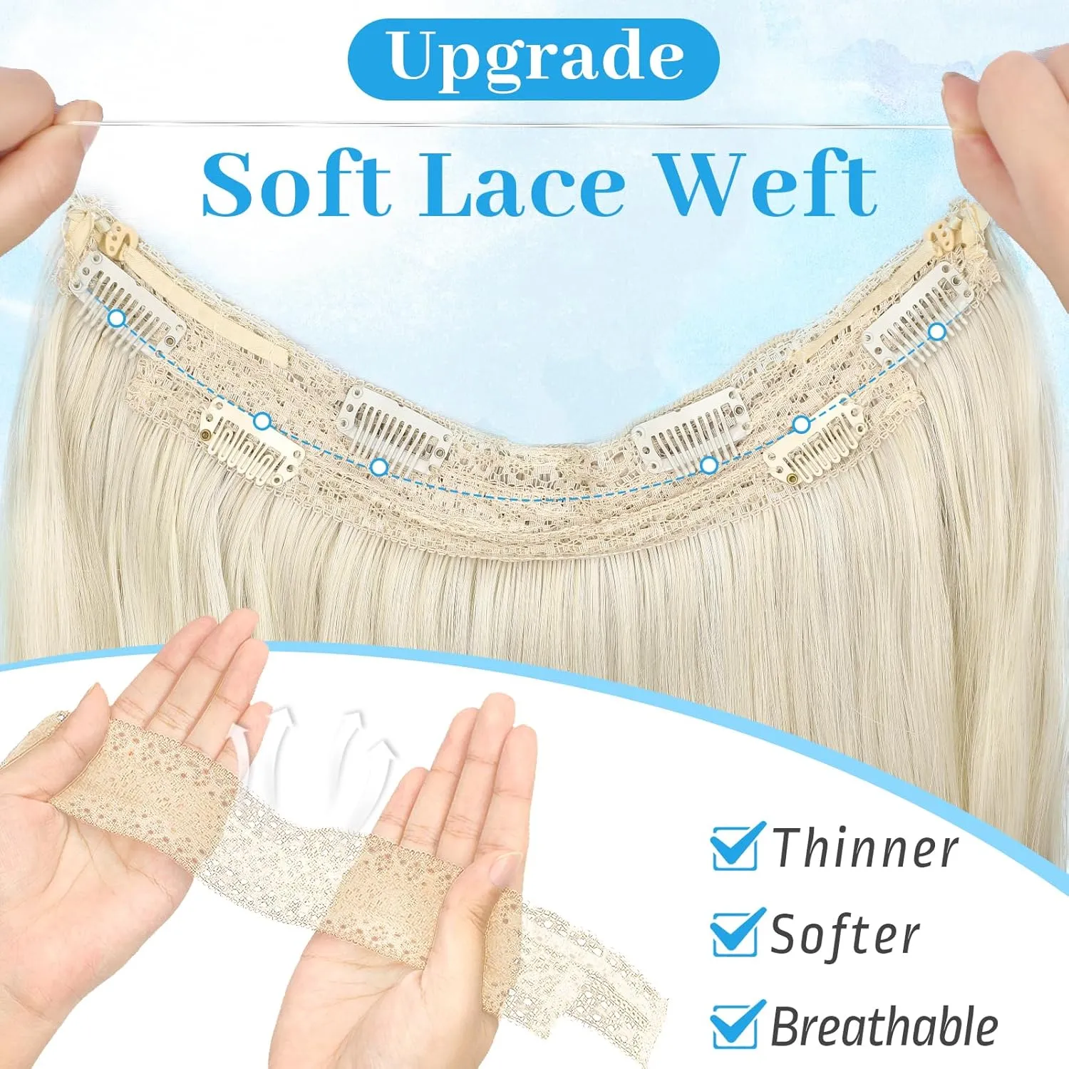KooKaStyle Invisible Wire Hair Extensions Long Wavy Layered Synthetic Hair Extensions with Transparent Wire Adjustable Size 6 Secure Clips Platinum Blonde Hairpieces for Women 20 Inch
