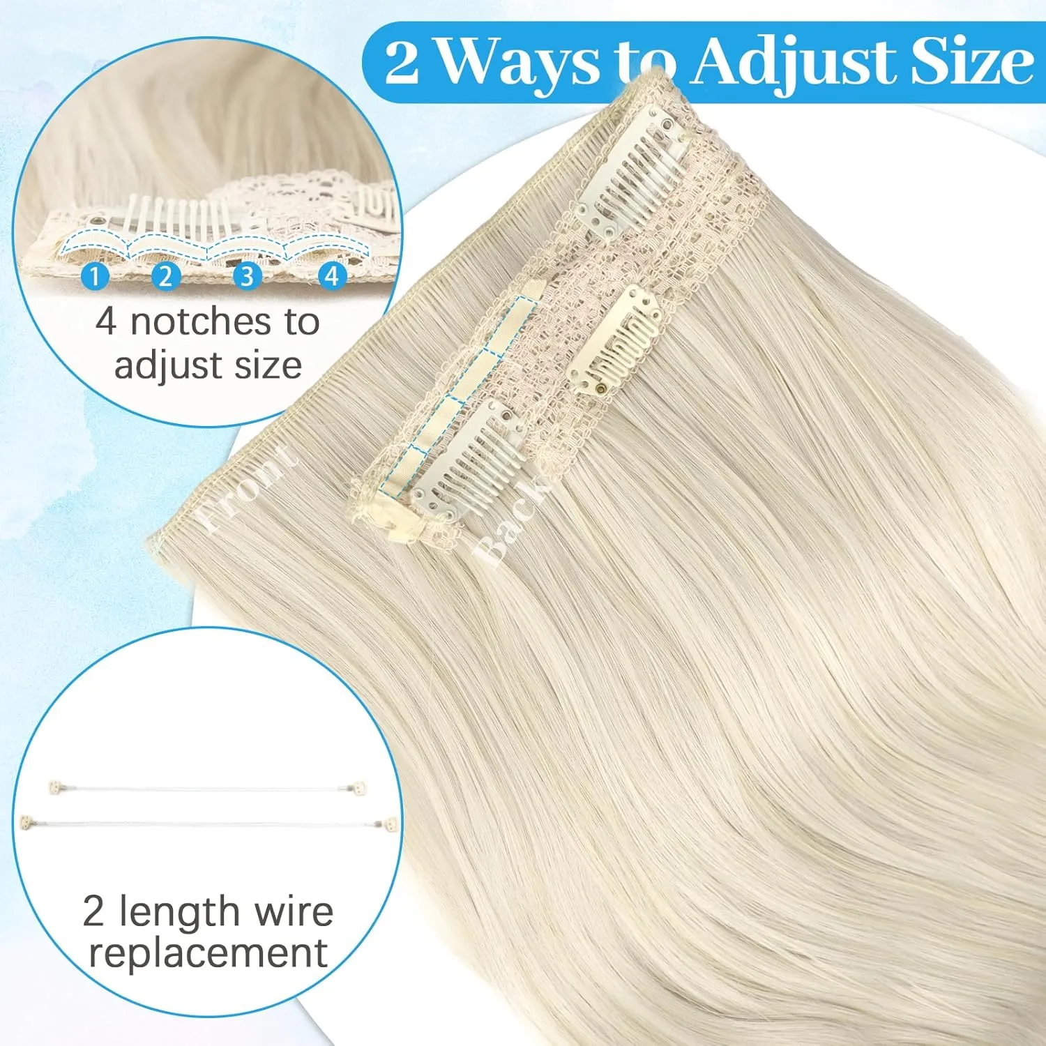 KooKaStyle Invisible Wire Hair Extensions Long Wavy Layered Synthetic Hair Extensions with Transparent Wire Adjustable Size 6 Secure Clips Platinum Blonde Hairpieces for Women 20 Inch