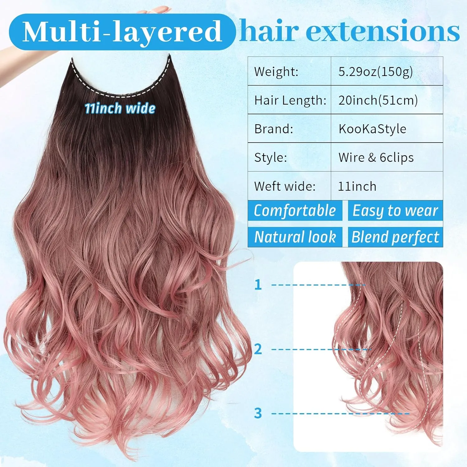 KooKaStyle Invisible Wire Hair Extensions Long Wavy Layered Synthetic Hairpieces with Transparent Wire Adjustable Size 6 Secure Clips Dark Brown to Dusty Rose Ombre for Women 20 Inch