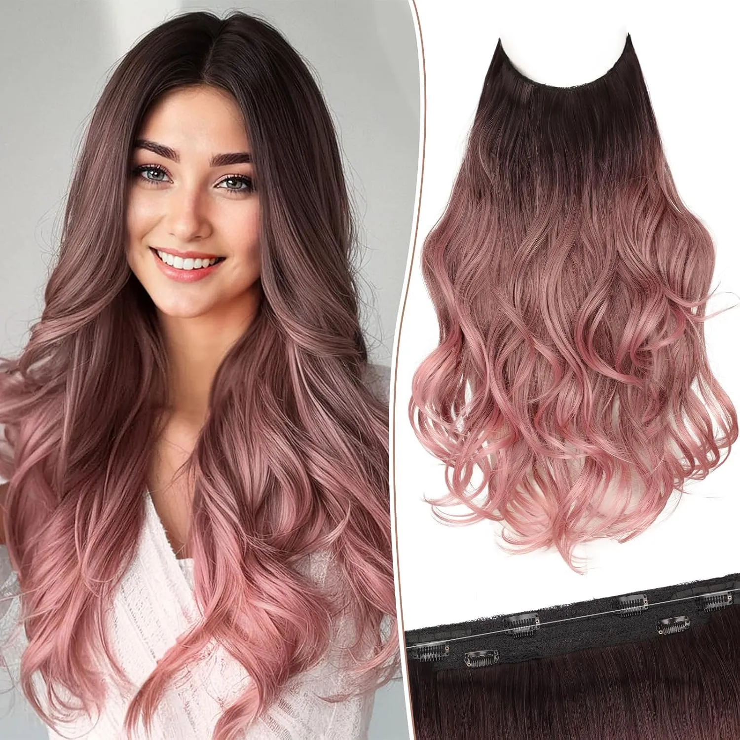 KooKaStyle Invisible Wire Hair Extensions Long Wavy Layered Synthetic Hairpieces with Transparent Wire Adjustable Size 6 Secure Clips Dark Brown to Dusty Rose Ombre for Women 20 Inch