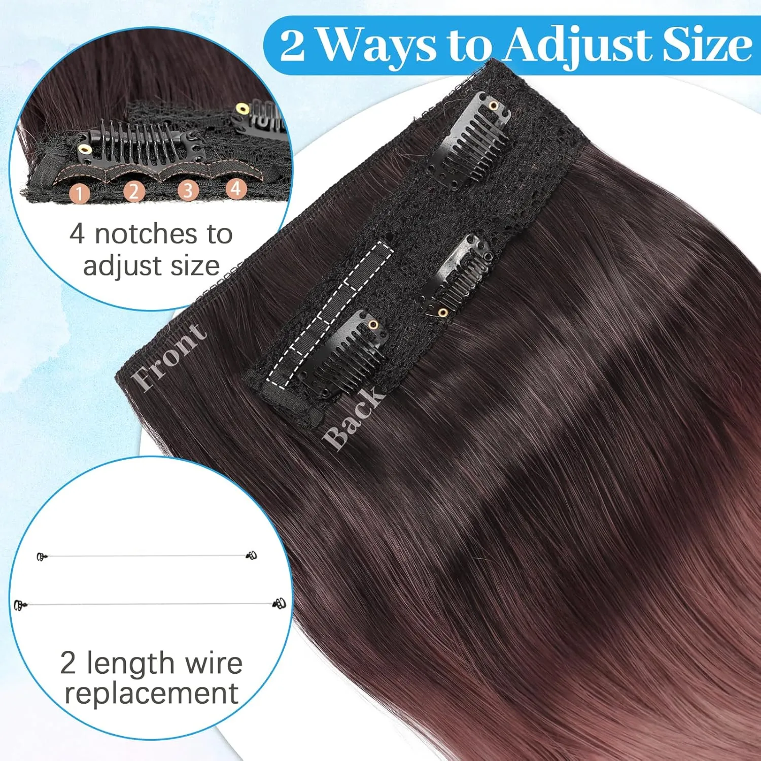 KooKaStyle Invisible Wire Hair Extensions Long Wavy Layered Synthetic Hairpieces with Transparent Wire Adjustable Size 6 Secure Clips Dark Brown to Dusty Rose Ombre for Women 20 Inch