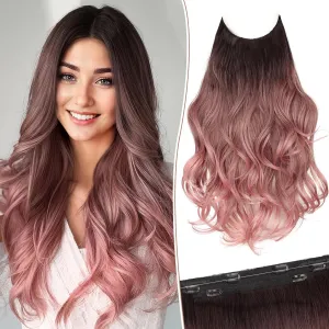 KooKaStyle Invisible Wire Hair Extensions Long Wavy Layered Synthetic Hairpieces with Transparent Wire Adjustable Size 6 Secure Clips Dark Brown to Dusty Rose Ombre for Women 20 Inch