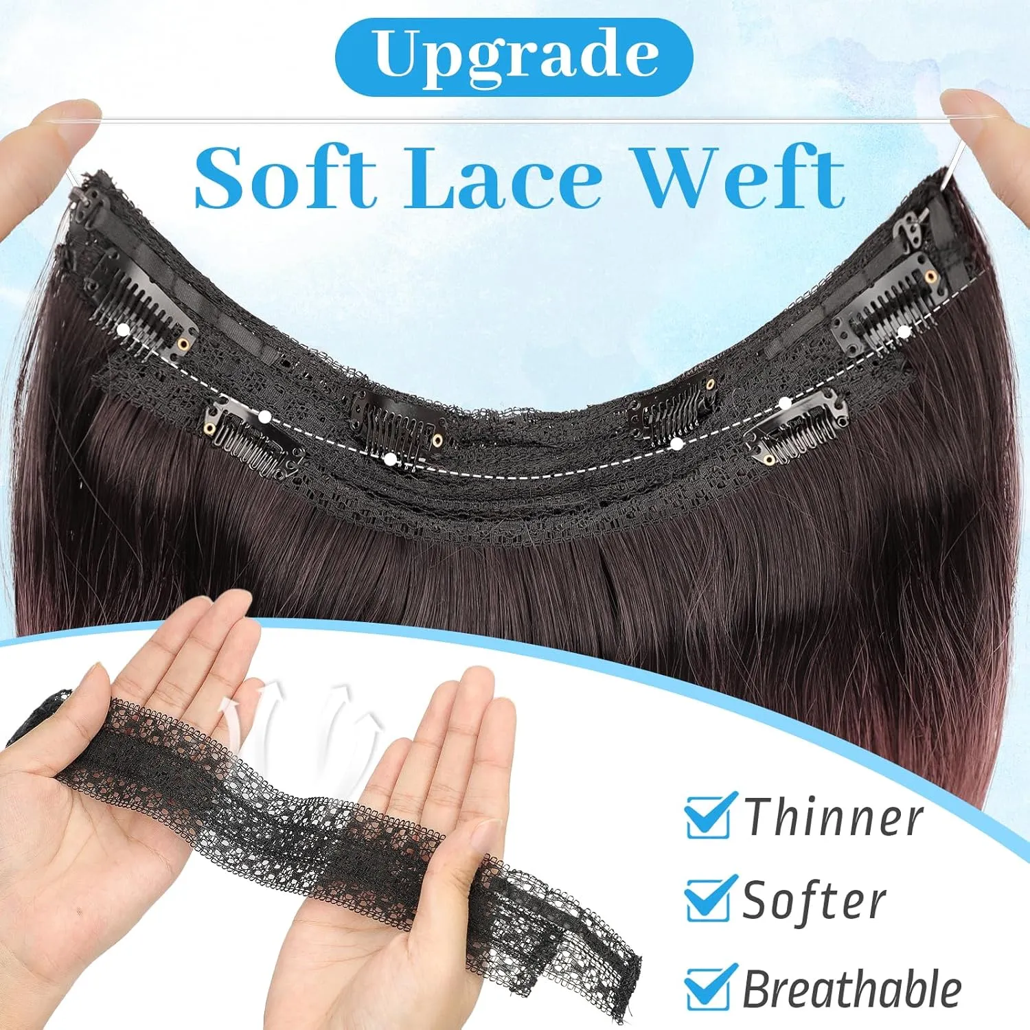 KooKaStyle Invisible Wire Hair Extensions Long Wavy Layered Synthetic Hairpieces with Transparent Wire Adjustable Size 6 Secure Clips Dark Brown to Dusty Rose Ombre for Women 20 Inch