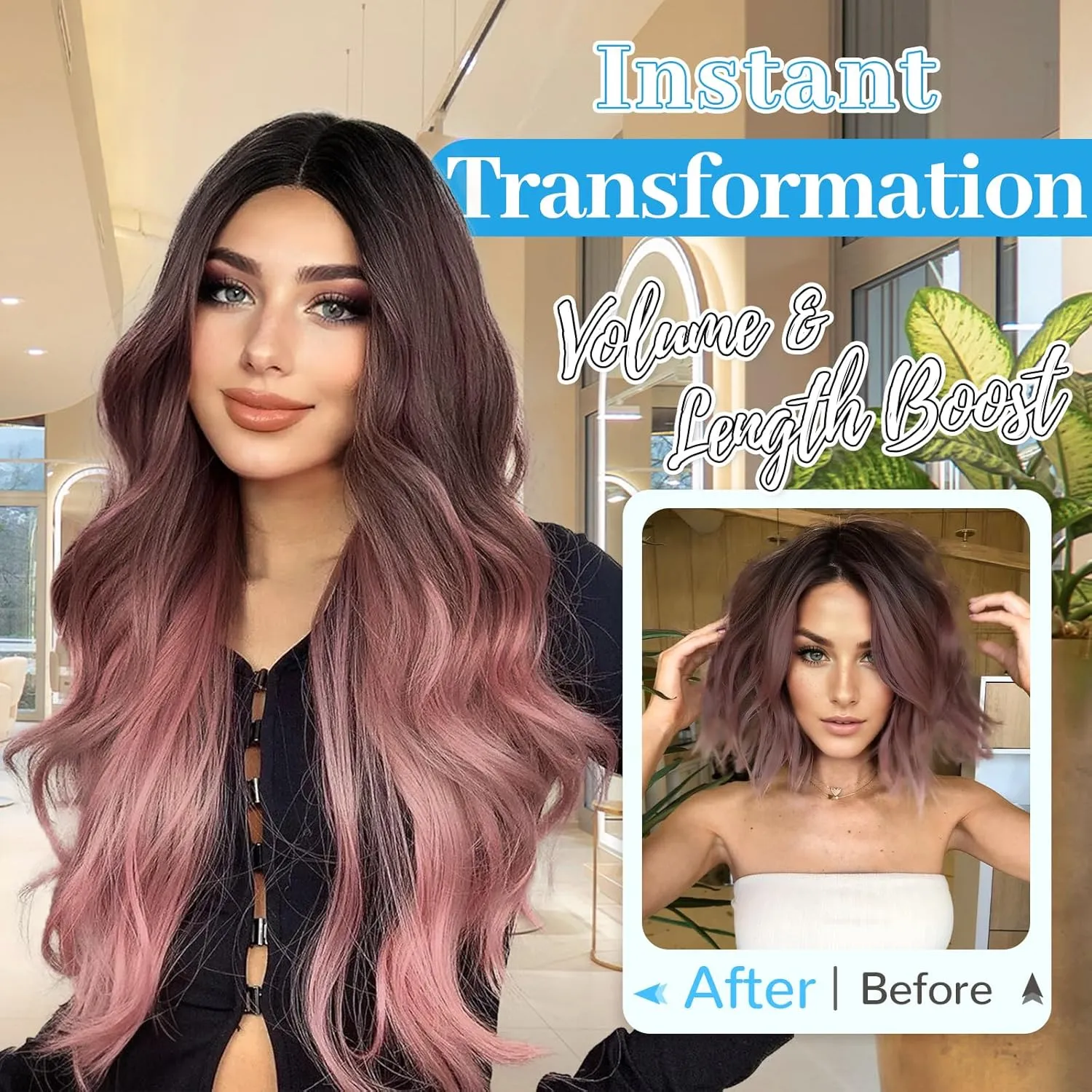 KooKaStyle Invisible Wire Hair Extensions Long Wavy Layered Synthetic Hairpieces with Transparent Wire Adjustable Size 6 Secure Clips Dark Brown to Dusty Rose Ombre for Women 20 Inch