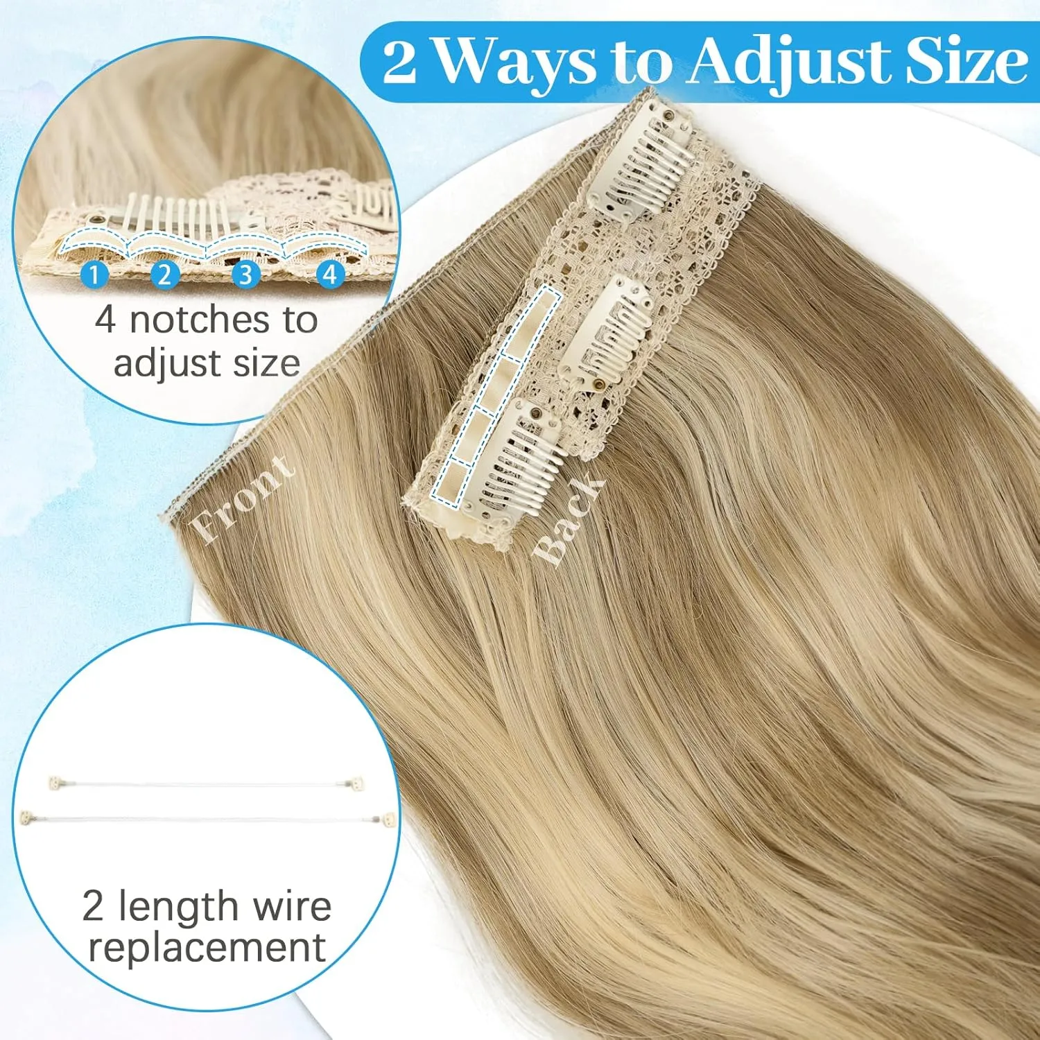 KooKaStyle Invisible Wire Hair Extensions Long Wavy Layered Synthetic with Transparent Wire Adjustable Size 6 Secure Clips Hairpieces for Women 16 Inch (16 Inch, Light Brown mix Golden Blonde)