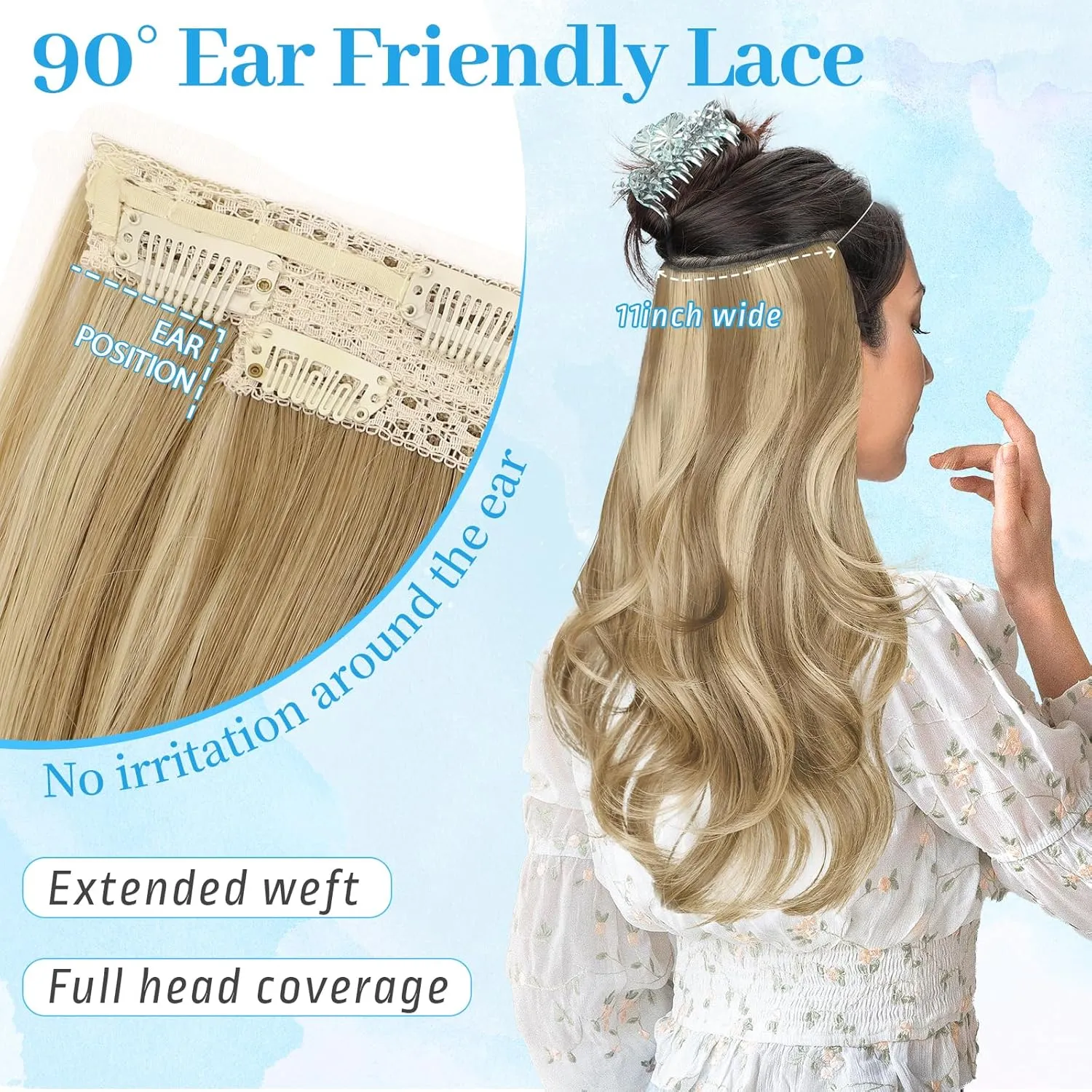 KooKaStyle Invisible Wire Hair Extensions Long Wavy Layered Synthetic with Transparent Wire Adjustable Size 6 Secure Clips Hairpieces for Women 16 Inch (16 Inch, Light Brown mix Golden Blonde)