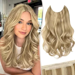 KooKaStyle Invisible Wire Hair Extensions Long Wavy Layered Synthetic with Transparent Wire Adjustable Size 6 Secure Clips Hairpieces for Women 16 Inch (16 Inch, Light Brown mix Golden Blonde)