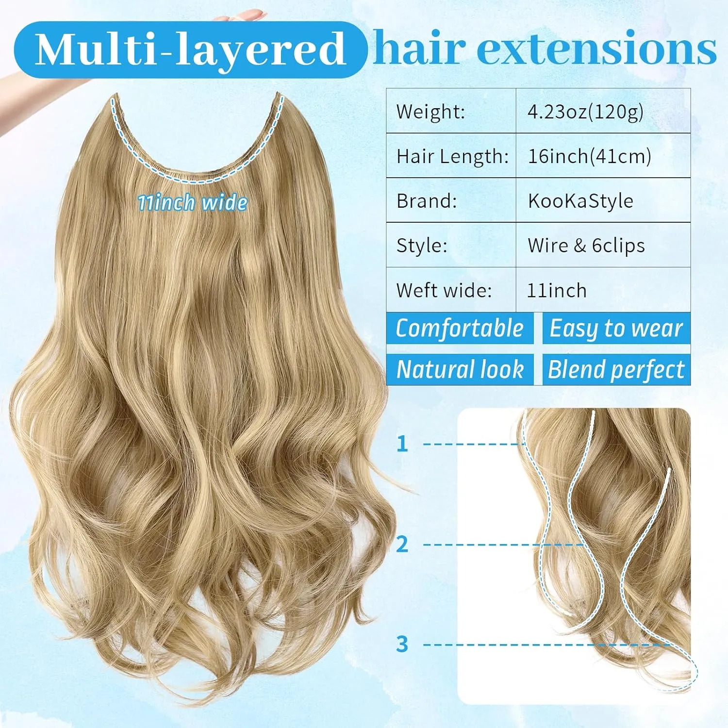 KooKaStyle Invisible Wire Hair Extensions Long Wavy Layered Synthetic with Transparent Wire Adjustable Size 6 Secure Clips Hairpieces for Women 16 Inch (16 Inch, Light Brown mix Golden Blonde)