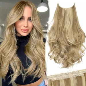 KooKaStyle Invisible Wire Hair Extensions Long Wavy Layered Synthetic with Transparent Wire Adjustable Size 6 Secure Clips Hairpieces for Women 20 Inch (20 Inch, Light Brown mix Golden Blonde)
