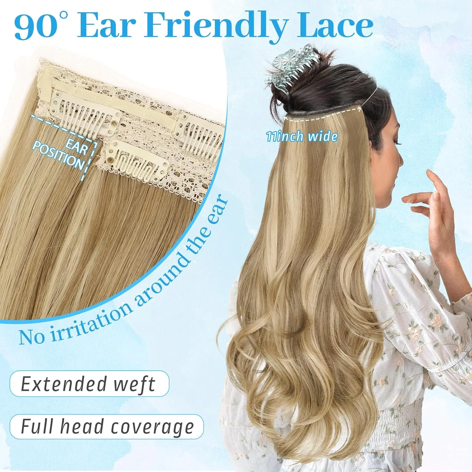 KooKaStyle Invisible Wire Hair Extensions Long Wavy Layered Synthetic with Transparent Wire Adjustable Size 6 Secure Clips Hairpieces for Women 20 Inch (20 Inch, Light Brown mix Golden Blonde)