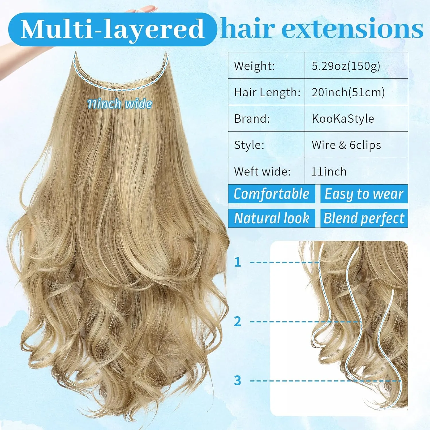 KooKaStyle Invisible Wire Hair Extensions Long Wavy Layered Synthetic with Transparent Wire Adjustable Size 6 Secure Clips Hairpieces for Women 20 Inch (20 Inch, Light Brown mix Golden Blonde)