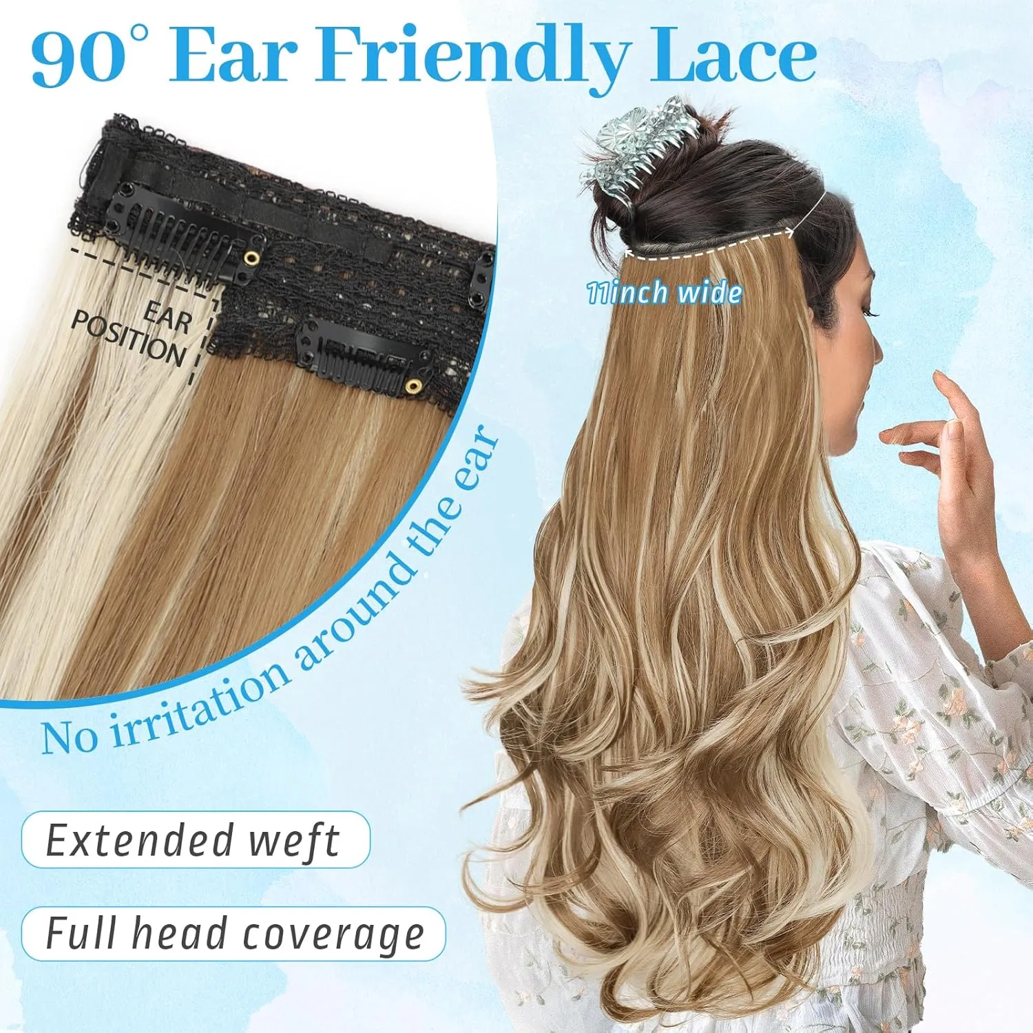 KooKaStyle Invisible Wire Hair Extensions with Transparent Wire Adjustable Size 6 Secure Clips Long Wavy Layered Synthetic Hair Extensions Ash Medium Brown Mix Bleach Blonde 20 Inch