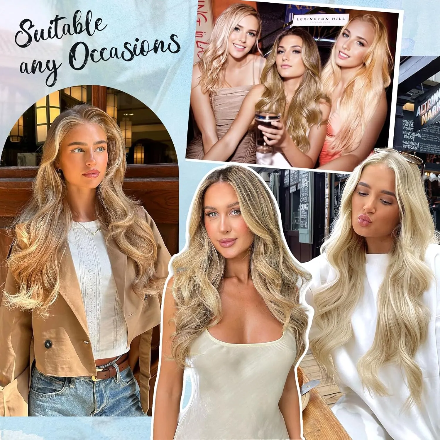 KooKaStyle Invisible Wire Hair Extensions with Transparent Wire Adjustable Size 6 Secure Clips Long Wavy Layered Synthetic Hair Extensions Ash Medium Brown Mix Bleach Blonde 20 Inch