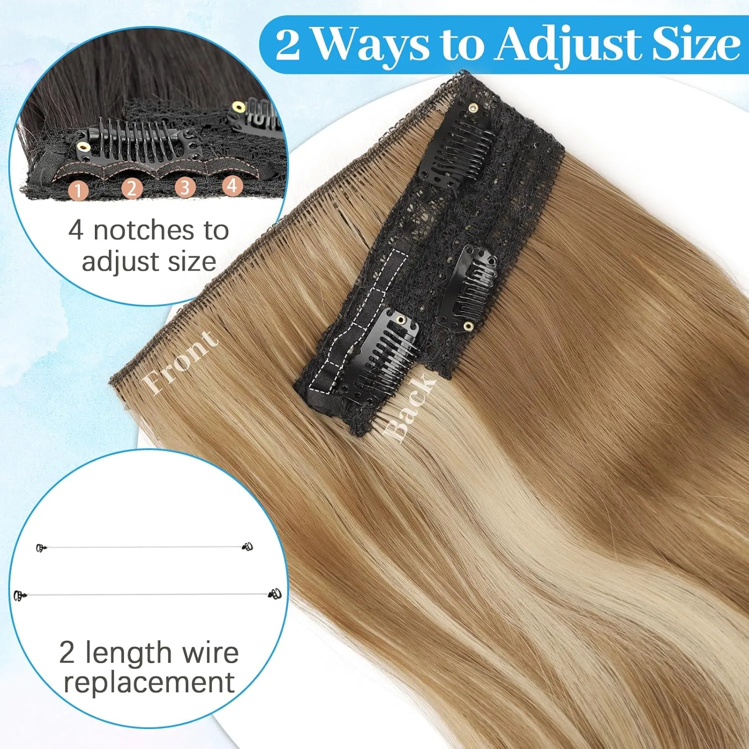 KooKaStyle Invisible Wire Hair Extensions with Transparent Wire Adjustable Size 6 Secure Clips Long Wavy Layered Synthetic Hair Extensions Ash Medium Brown Mix Bleach Blonde 20 Inch