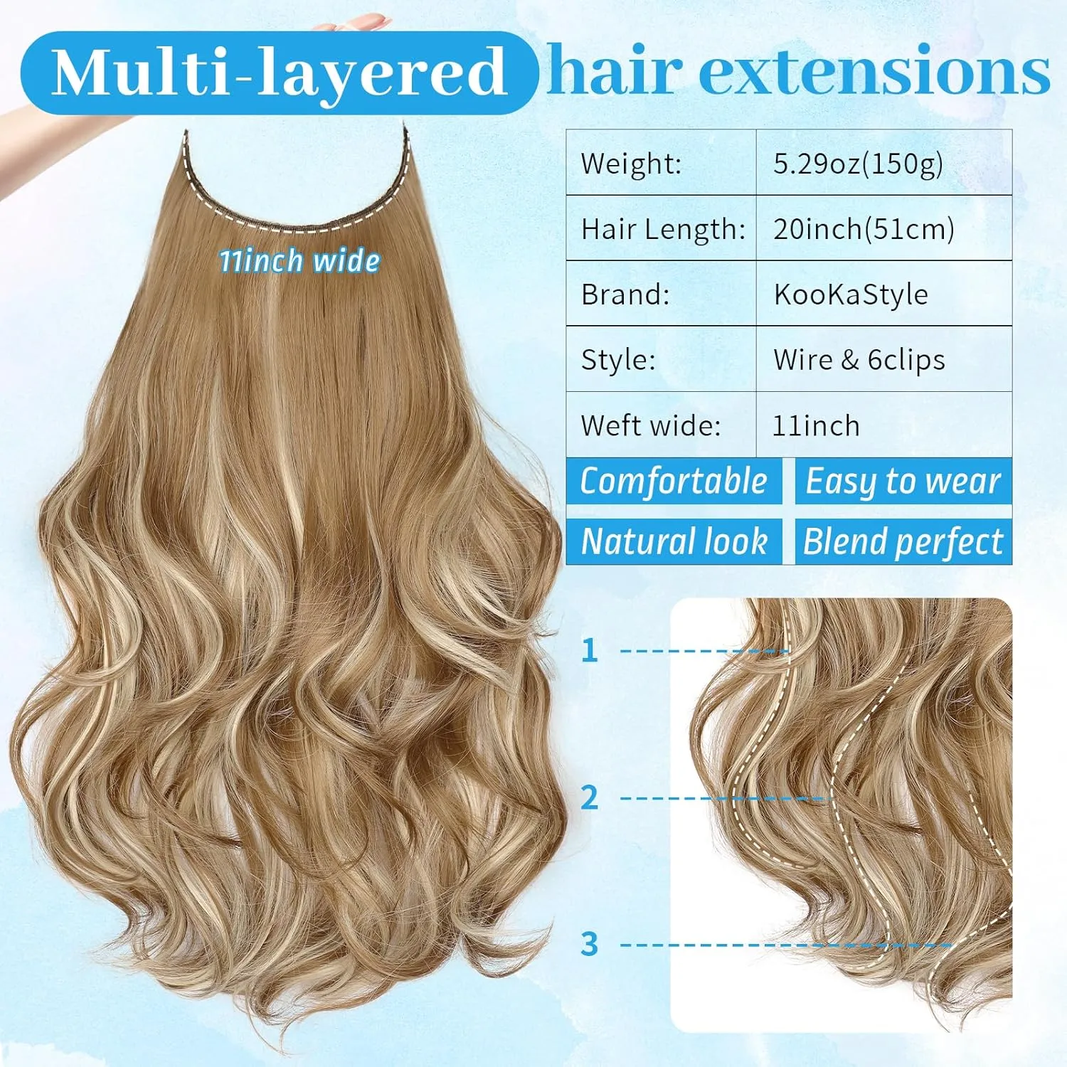 KooKaStyle Invisible Wire Hair Extensions with Transparent Wire Adjustable Size 6 Secure Clips Long Wavy Layered Synthetic Hair Extensions Ash Medium Brown Mix Bleach Blonde 20 Inch