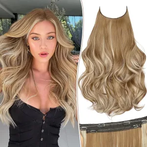 KooKaStyle Invisible Wire Hair Extensions with Transparent Wire Adjustable Size 6 Secure Clips Long Wavy Layered Synthetic Hair Extensions Ash Medium Brown Mix Bleach Blonde 20 Inch