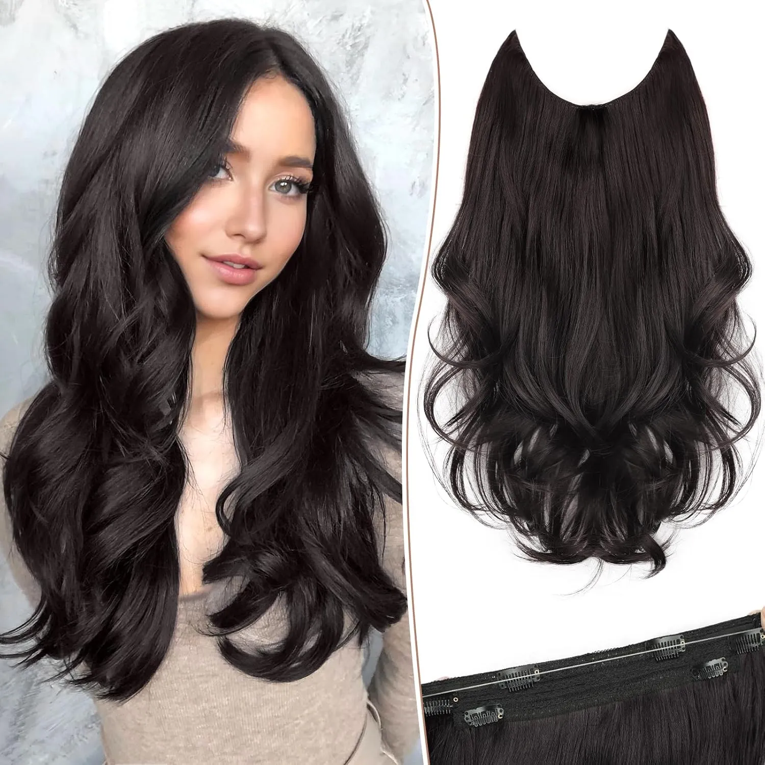 KooKaStyle Invisible Wire Hair Extensions with Transparent Wire Adjustable Size 6 Secure Clips Long Wavy Layered Synthetic Hair Extensions Natural Black 16 Inch