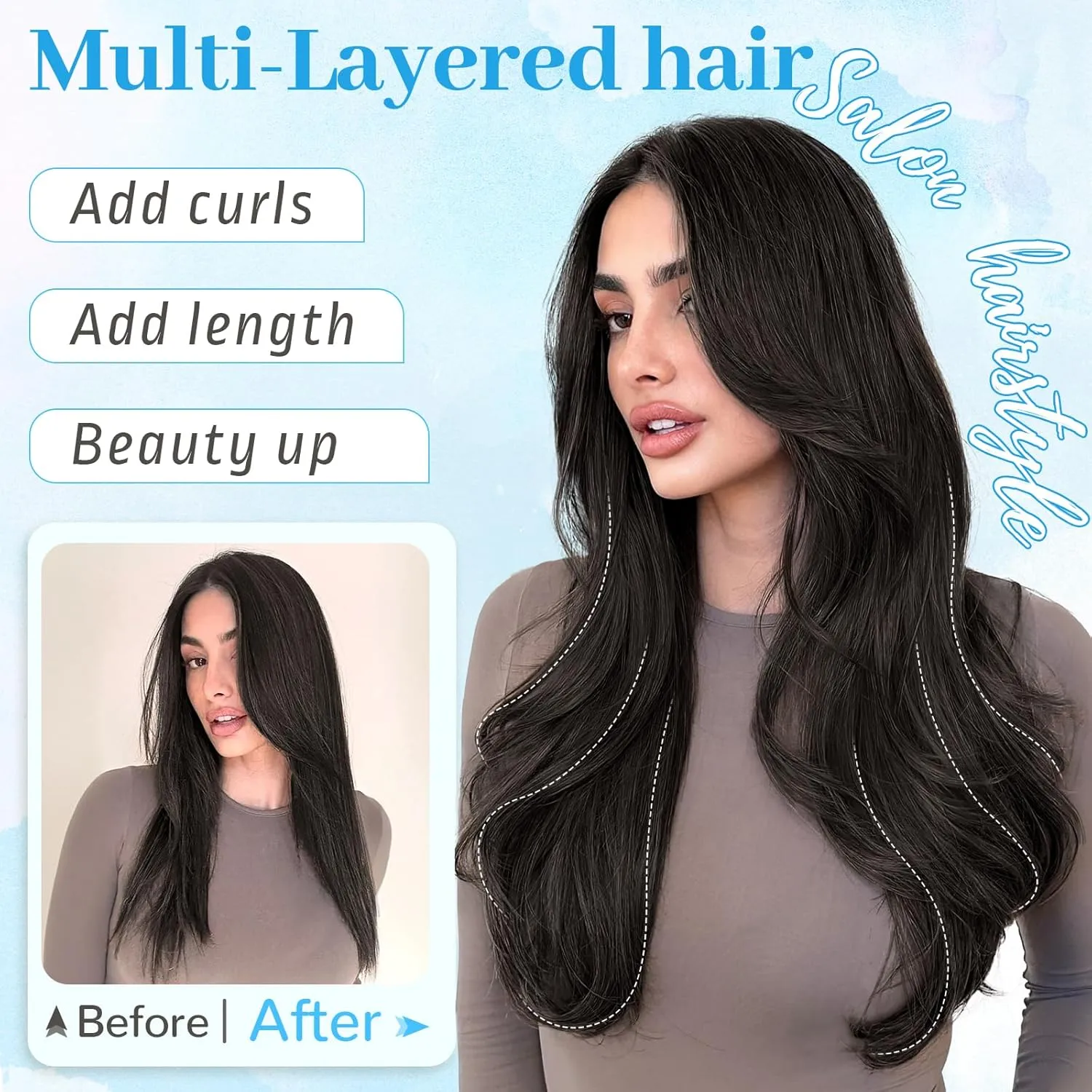 KooKaStyle Invisible Wire Hair Extensions with Transparent Wire Adjustable Size 6 Secure Clips Long Wavy Layered Synthetic Hair Extensions Natural Black 16 Inch
