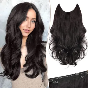 KooKaStyle Invisible Wire Hair Extensions with Transparent Wire Adjustable Size 6 Secure Clips Long Wavy Layered Synthetic Hair Extensions Natural Black 16 Inch