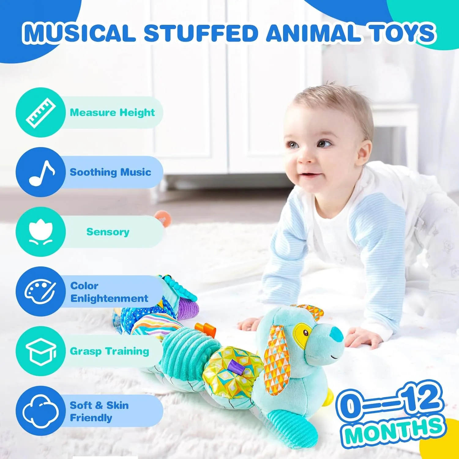 Koty Baby Musical Stuffed Animal, Blue Puppy With Multi-Sensory Crinkle, Rattle and Textures - Infant Tummy Time Toy for 0-12 Months, Baby Boy and Girl Gifts