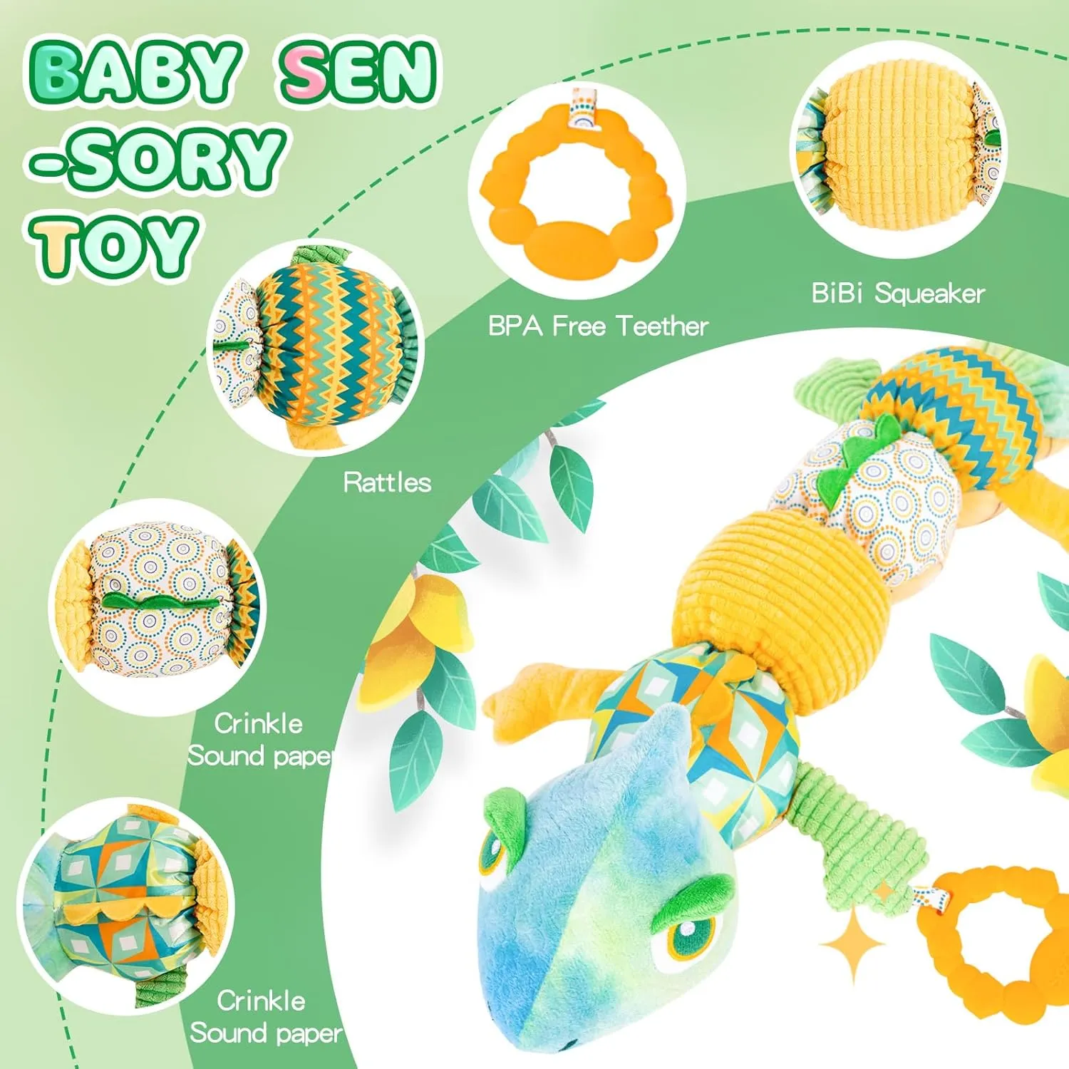 Koty Baby Toys 0-6 Months, Baby Musical Toys, Infant Toys Stuffed Animal Toys with Rattles, Crinkle, Bell, Baby Teething Toys for Tummy Time Newborn Sensory Boys Girls 0 3 6 12 Months (Chameleon)