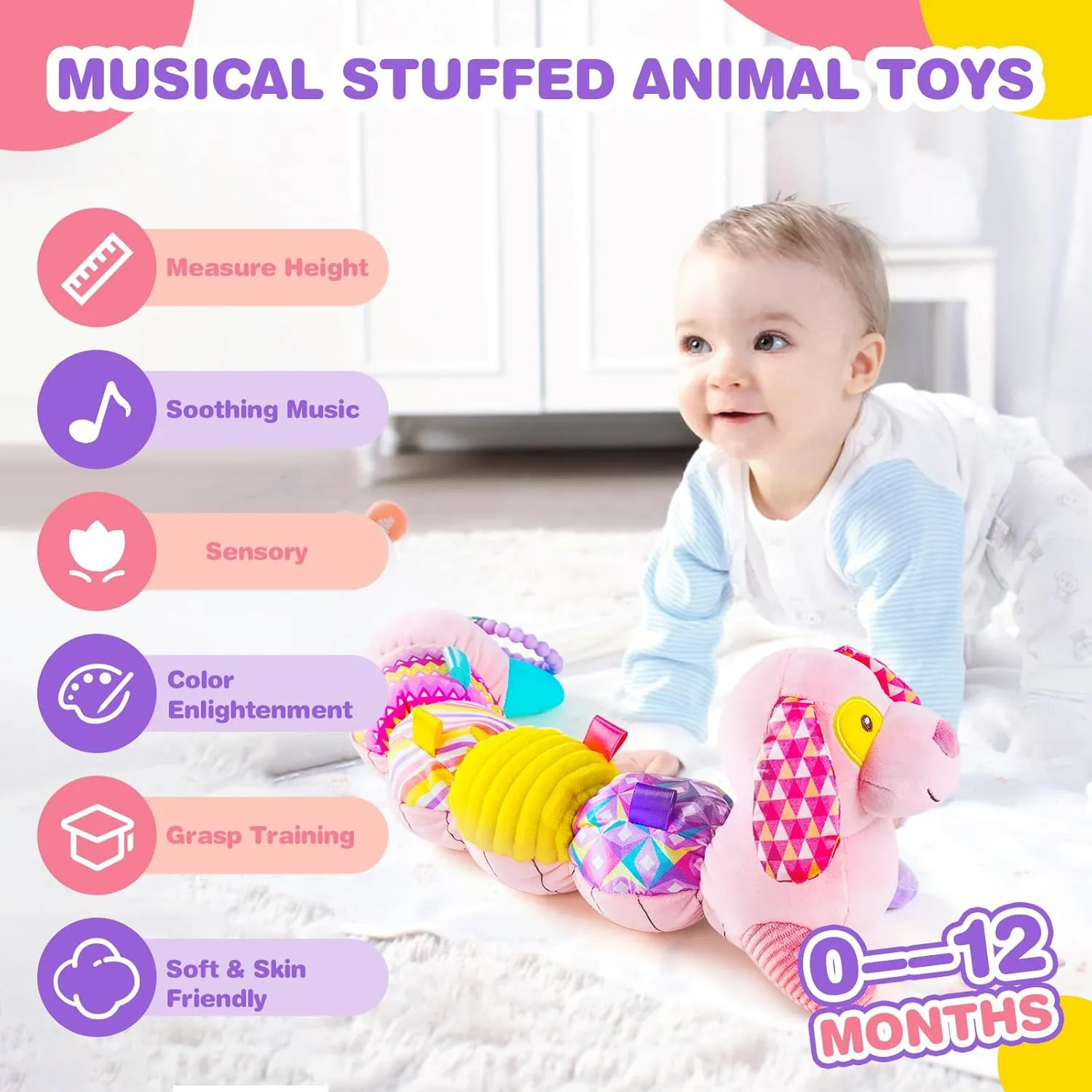 Koty Baby Toys 6-12 Months, Pink Puppy Musical Stuffed Animal Toys, Infant Toys with Multi-Sensory Crinkle, Rattle and Textures, Tummy Time Toys 0-3-6-12 Months Baby Boy Gifts Baby Girl Toys (Pink)
