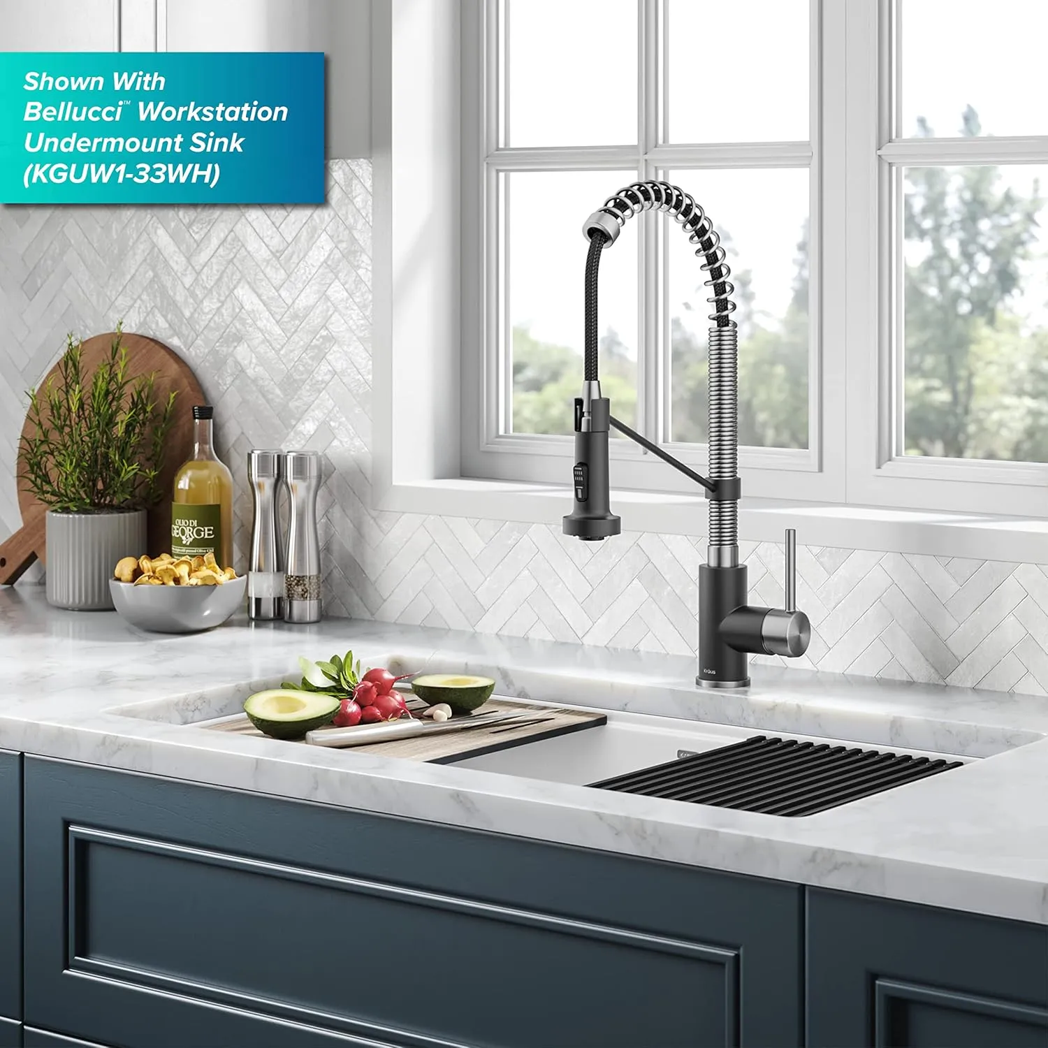 Kraus Bolden Touchless Sensor Commercial Style 2-Function Single Handle Pull Down Kitchen Faucets in Spot-Free Stainless Steel/Matte Black, KSF-1610SFSMB