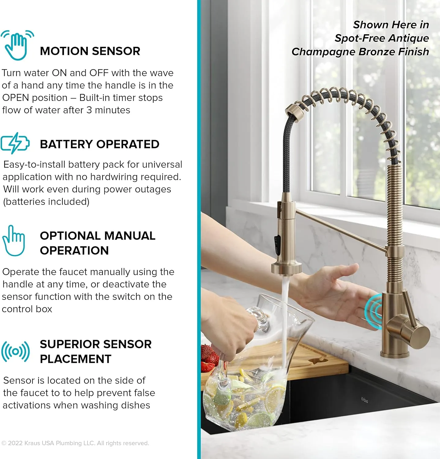 Kraus Bolden Touchless Sensor Commercial Style 2-Function Single Handle Pull Down Kitchen Faucets in Spot-Free Stainless Steel/Matte Black, KSF-1610SFSMB