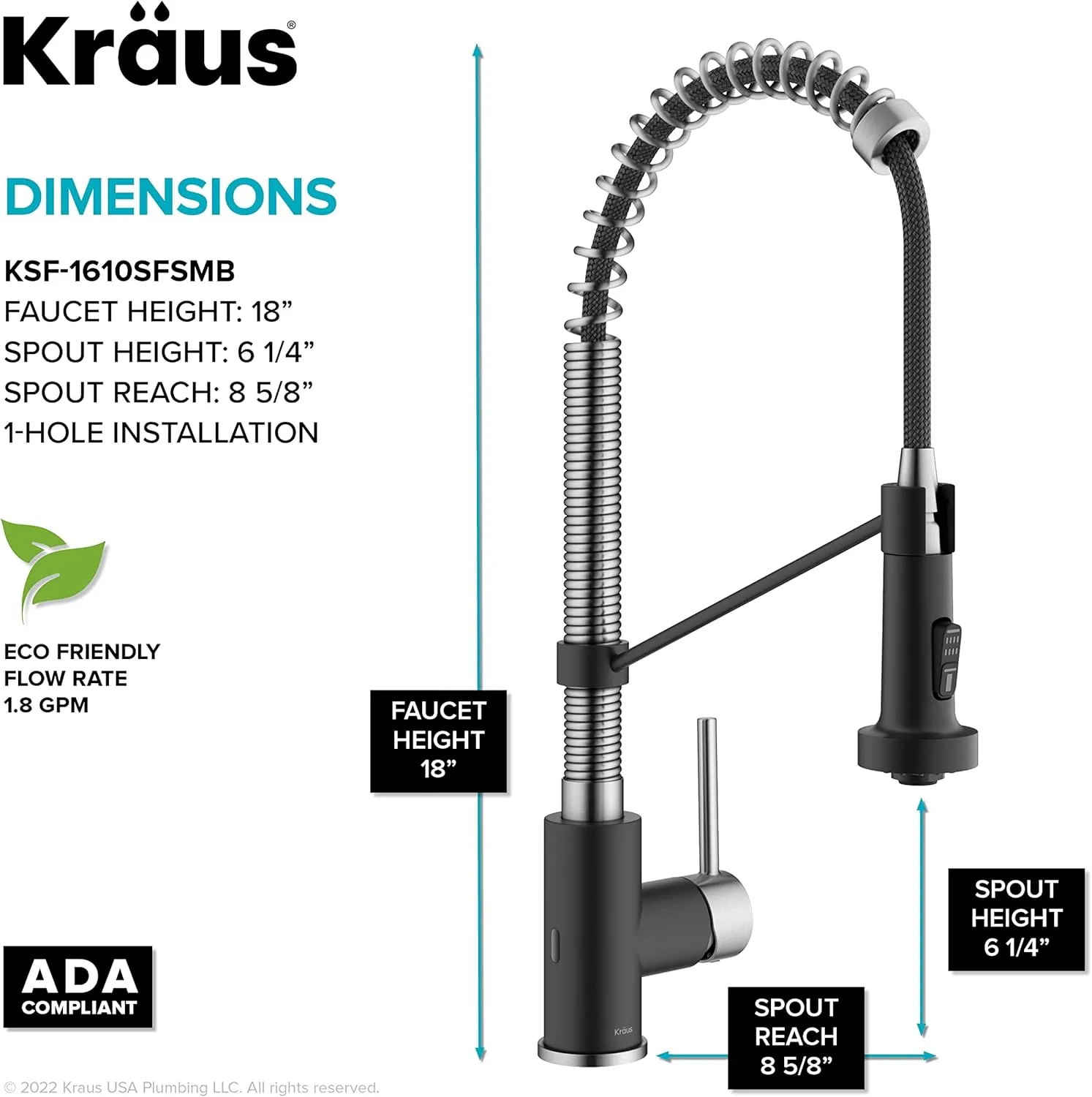 Kraus Bolden Touchless Sensor Commercial Style 2-Function Single Handle Pull Down Kitchen Faucets in Spot-Free Stainless Steel/Matte Black, KSF-1610SFSMB