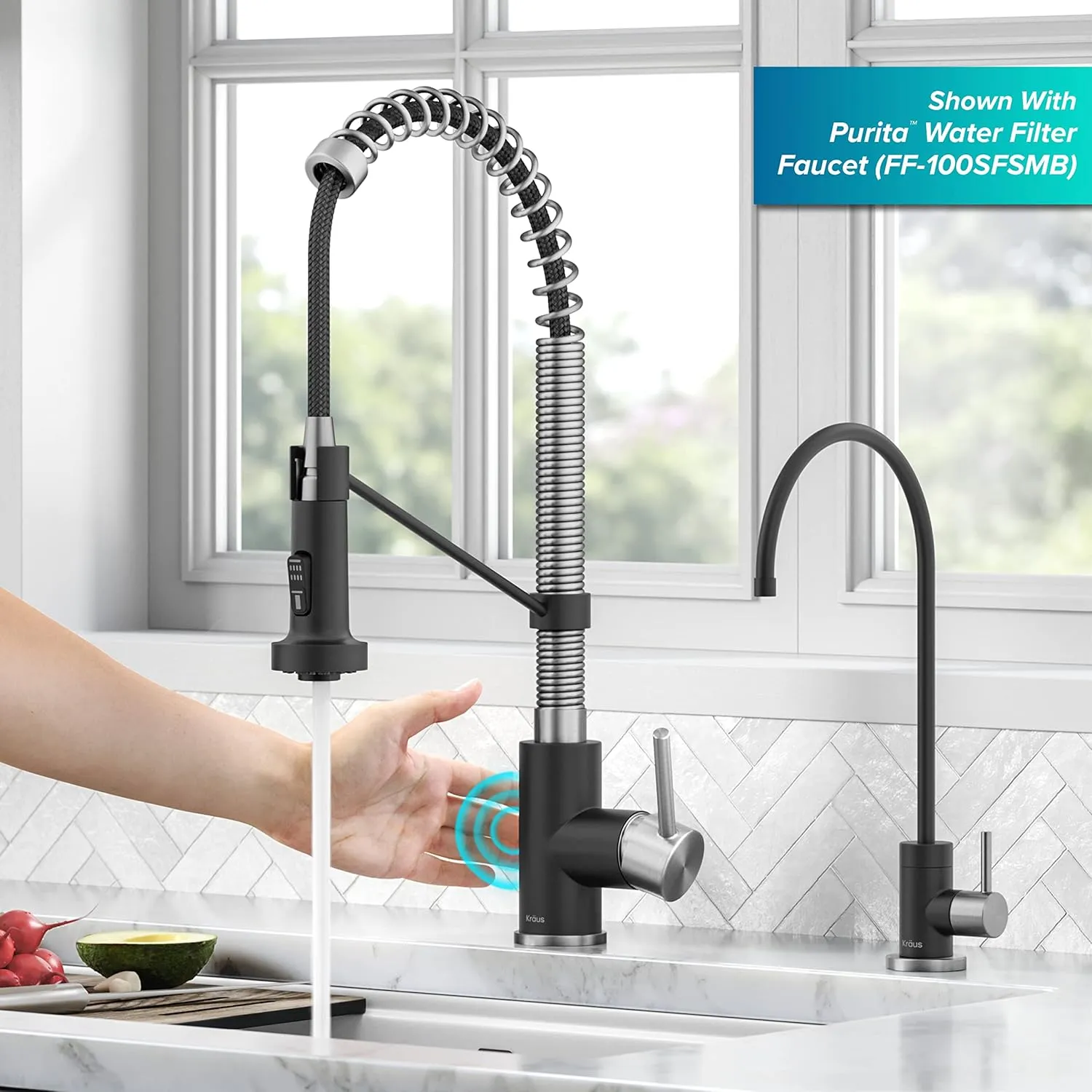 Kraus Bolden Touchless Sensor Commercial Style 2-Function Single Handle Pull Down Kitchen Faucets in Spot-Free Stainless Steel/Matte Black, KSF-1610SFSMB