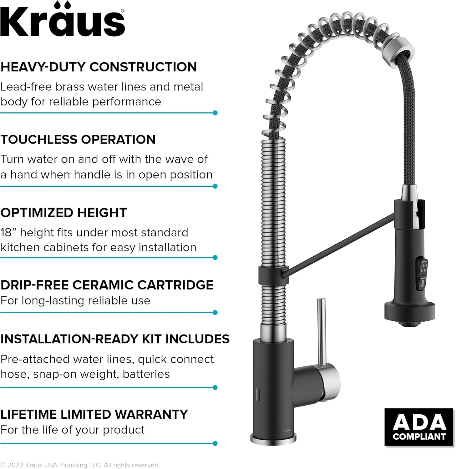 Kraus Bolden Touchless Sensor Commercial Style 2-Function Single Handle Pull Down Kitchen Faucets in Spot-Free Stainless Steel/Matte Black, KSF-1610SFSMB