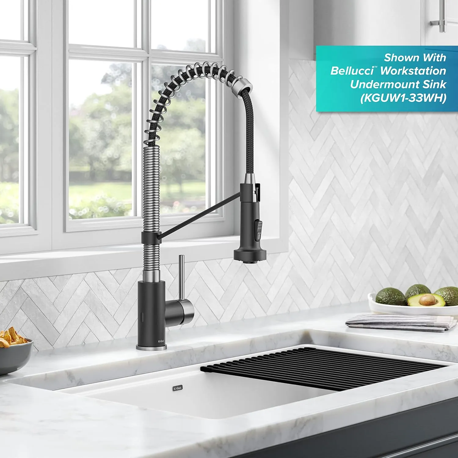 Kraus Bolden Touchless Sensor Commercial Style 2-Function Single Handle Pull Down Kitchen Faucets in Spot-Free Stainless Steel/Matte Black, KSF-1610SFSMB