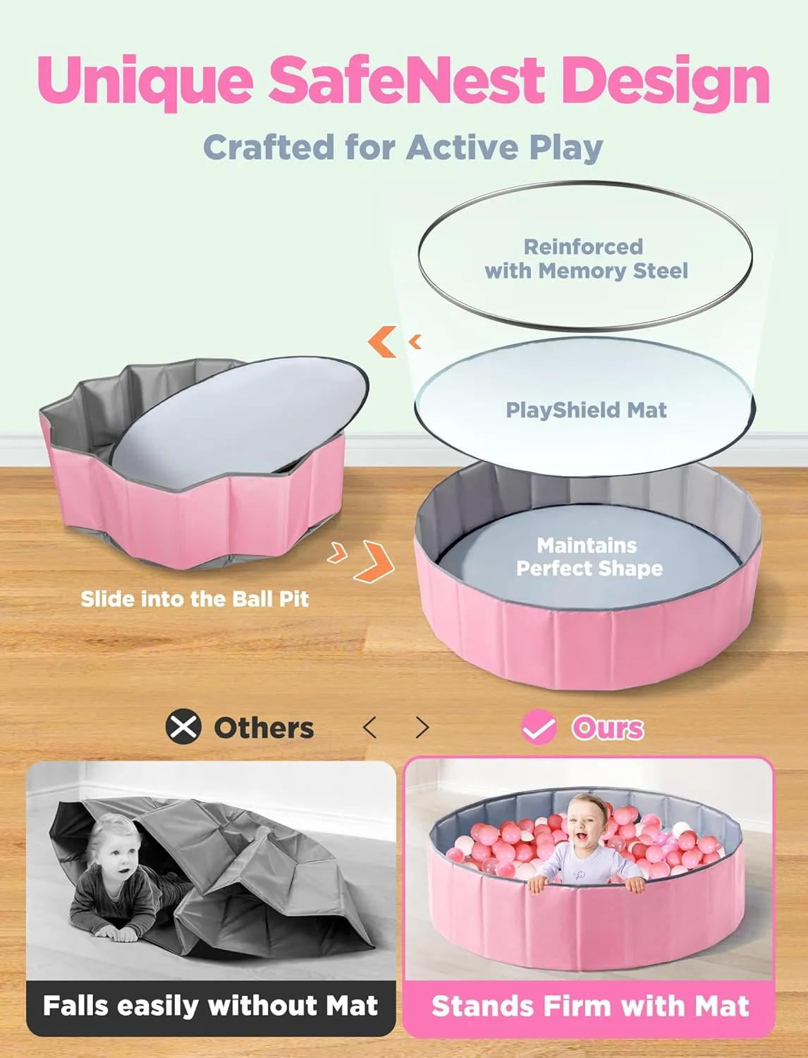 Large Ball Pit for Toddlers - 44 in Baby Ball Pit with Pop-Up Playmat, Foldable Kids Ball Pool, Dog Play Pit, Indoor and Outdoor Use, Hold Over 800 Balls, Balls Not Include (Pink)