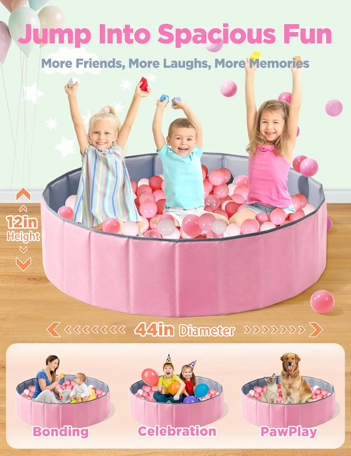 Large Ball Pit for Toddlers - 44 in Baby Ball Pit with Pop-Up Playmat, Foldable Kids Ball Pool, Dog Play Pit, Indoor and Outdoor Use, Hold Over 800 Balls, Balls Not Include (Pink)