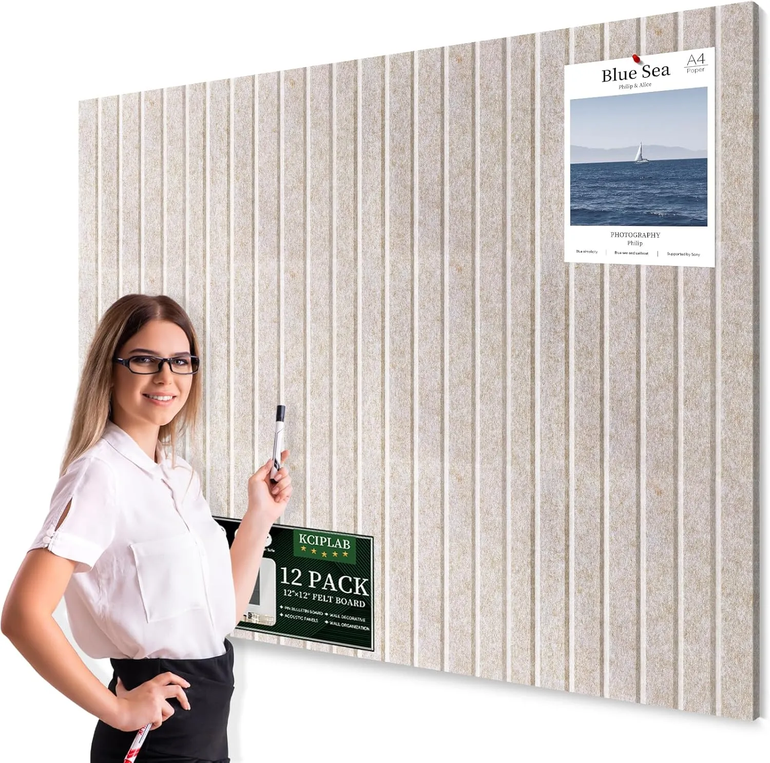 Large Cork Bulletin Board for Wall 48"x36", 12 Pack Felt Slat Wall Panel Tiles with 80 Pushpins, 60 Safe Removable Adhesive Tabs, Decorative Pin Board Tack Board for Office Home School, Beige
