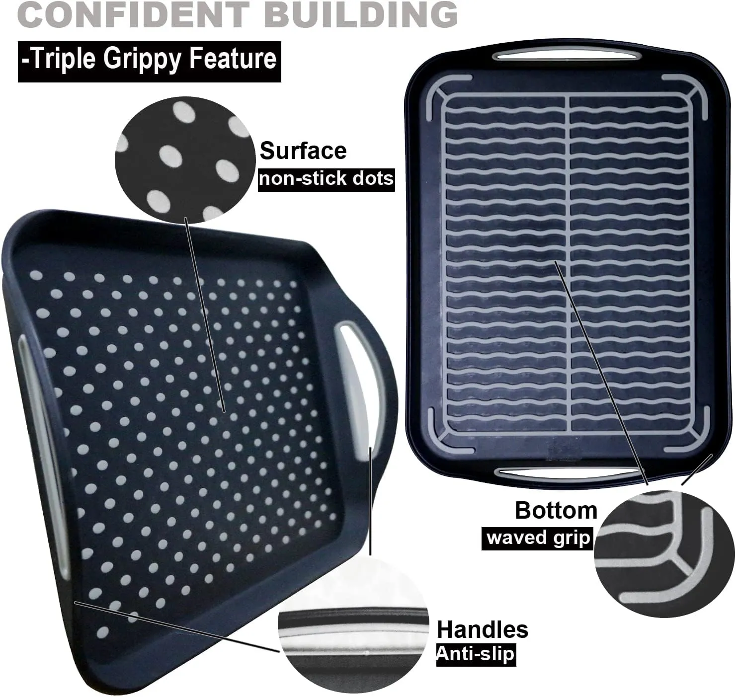 Large Non Slip Serving Tray with Handles, Silicone Gripping Nubs Lap Food Trays for Eating, Dishwasher Safe Serve for Dinner Snack Fruit Dessert Breakfast Beverage, Rectangular, Set of 2, Black